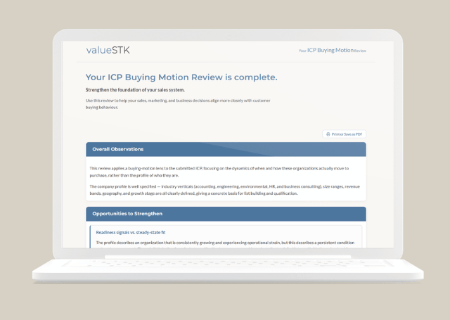 ICP Buying Motion Review sample report on laptop display